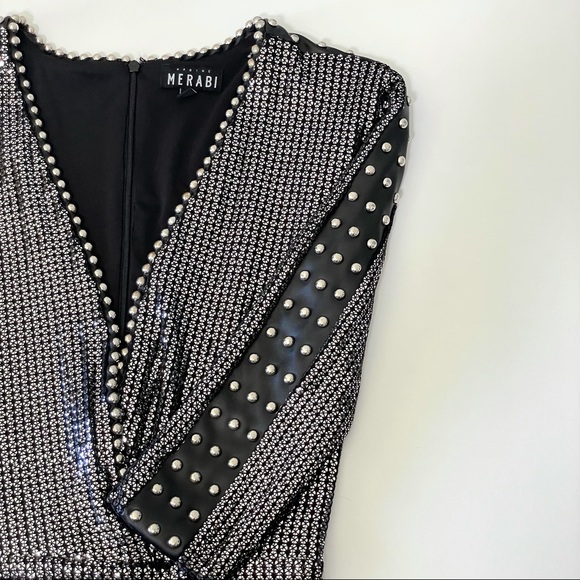 Nadine Merabi Katia Sequin Studded Plunging Mini Dress Silver Black Small - Picture 13 of 16